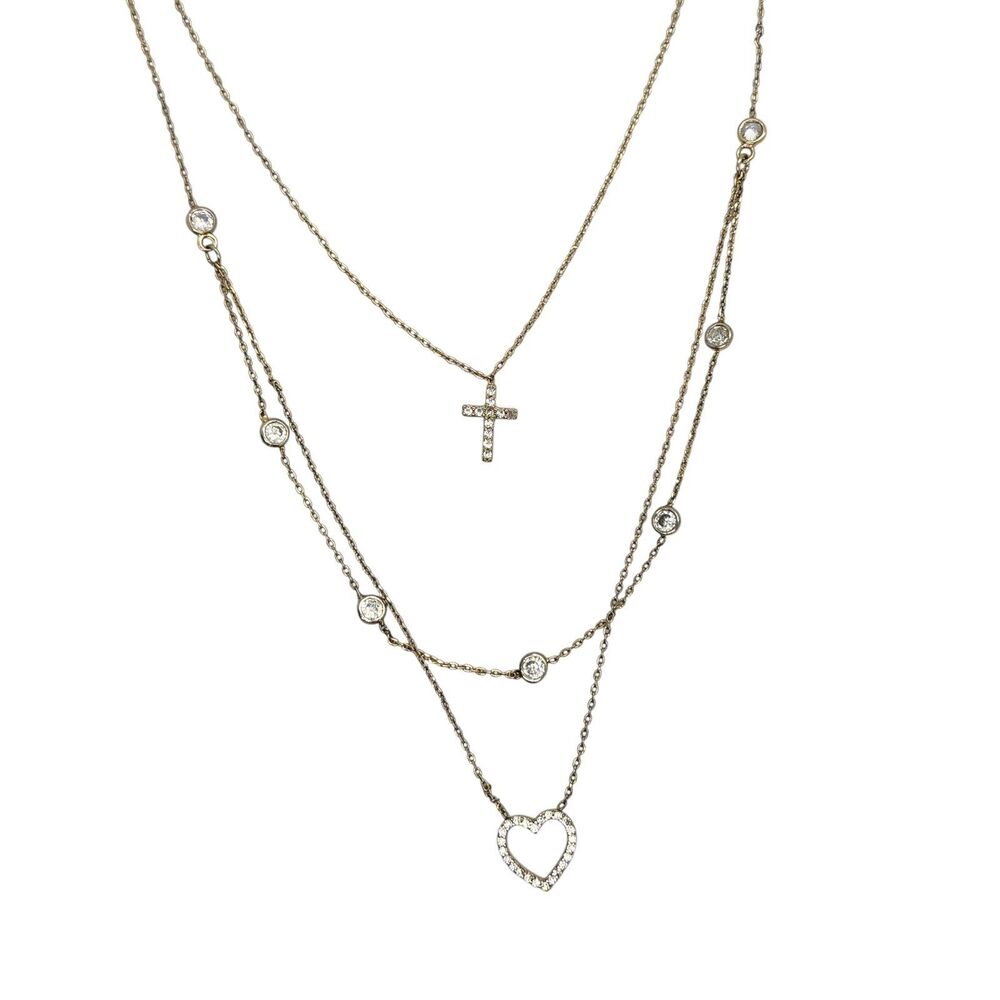 Express Multi-Layer Delicate Cross and Heart w/ Rhinestones Necklace Gold Tone
